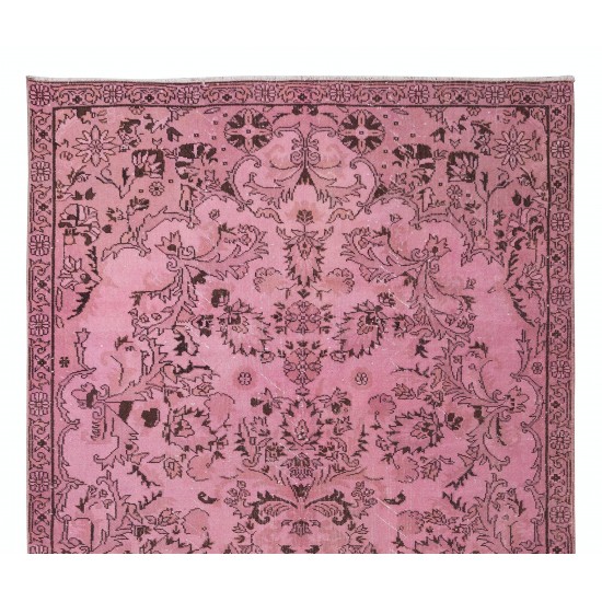 Contemporary Handmade Turkish Vintage Area Rug Over-Dyed in Pink Color with Floral Garden Design