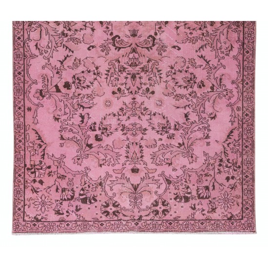 Contemporary Handmade Turkish Vintage Area Rug Over-Dyed in Pink Color with Floral Garden Design Contemporary Handmade Turkish Vintage Area Rug Over-Dyed in Pink Color with Floral Garden Design