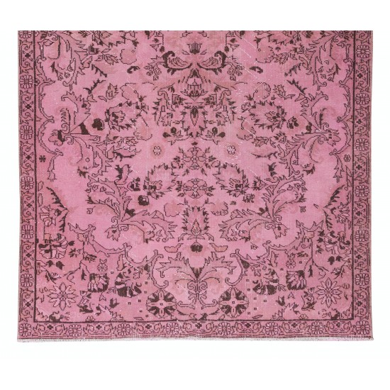 Contemporary Handmade Turkish Vintage Area Rug Over-Dyed in Pink Color with Floral Garden Design