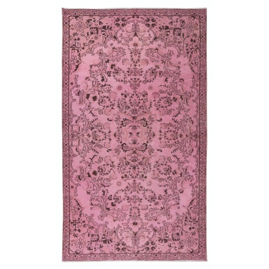 Contemporary Handmade Turkish Vintage Area Rug Over-Dyed in Pink Color with Floral Garden Design Contemporary Handmade Turkish Vintage Area Rug Over-Dyed in Pink Color with Floral Garden Design