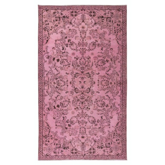 Contemporary Handmade Turkish Vintage Area Rug Over-Dyed in Pink Color with Floral Garden Design