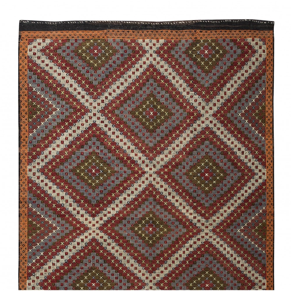 Vintage Turkish Jajim Kilim Rug, One of a Kind Hand-Woven Carpet Made of Wool