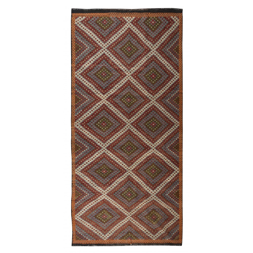 Vintage Turkish Jajim Kilim Rug, One of a Kind Hand-Woven Carpet Made of Wool