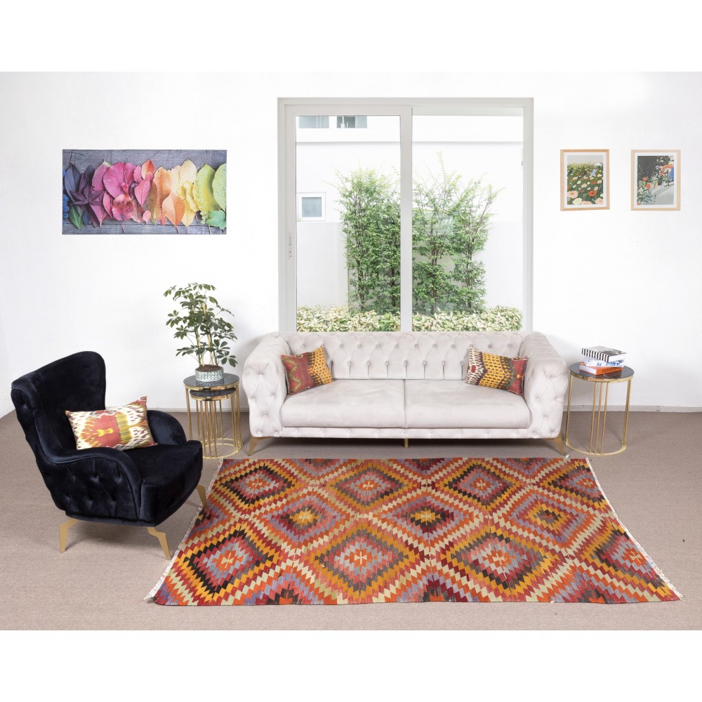 Room Size Kilim Rug, Vintage Turkish Hand-Woven Geometric Pattern Carpet