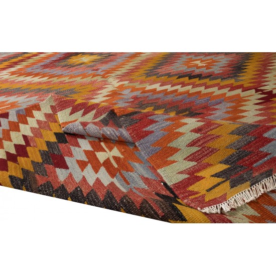 Room Size Kilim Rug, Vintage Turkish Hand-Woven Geometric Pattern Carpet