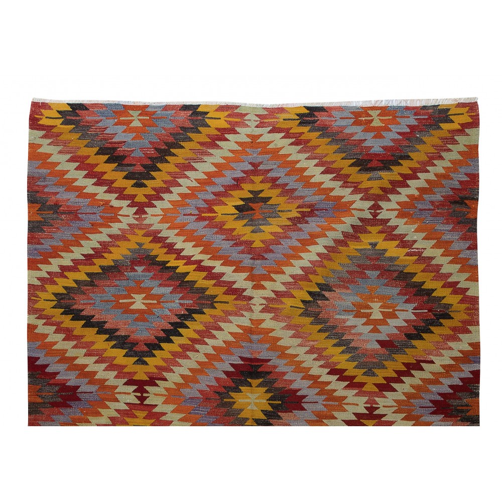 Room Size Kilim Rug, Vintage Turkish Hand-Woven Geometric Pattern Carpet