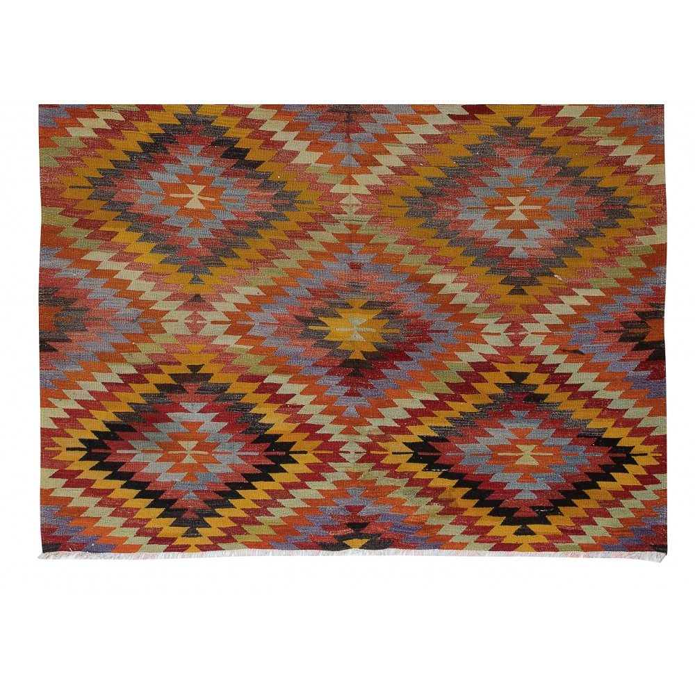 Room Size Kilim Rug, Vintage Turkish Hand-Woven Geometric Pattern Carpet