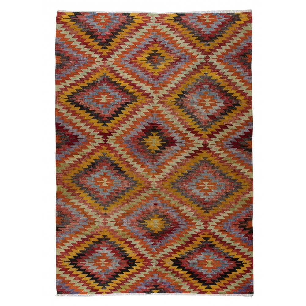 Room Size Kilim Rug, Vintage Turkish Hand-Woven Geometric Pattern Carpet