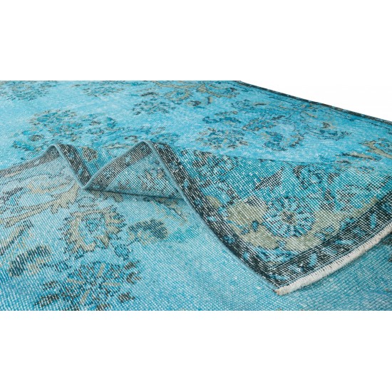 Hand-Knotted Vintage Turkish Area Rug Over-Dyed in Teal, Ideal for Modern Home & Office Decor