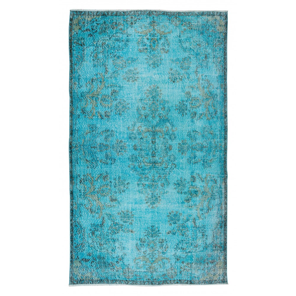 Hand-Knotted Vintage Turkish Area Rug Over-Dyed in Teal, Ideal for Modern Home & Office Decor