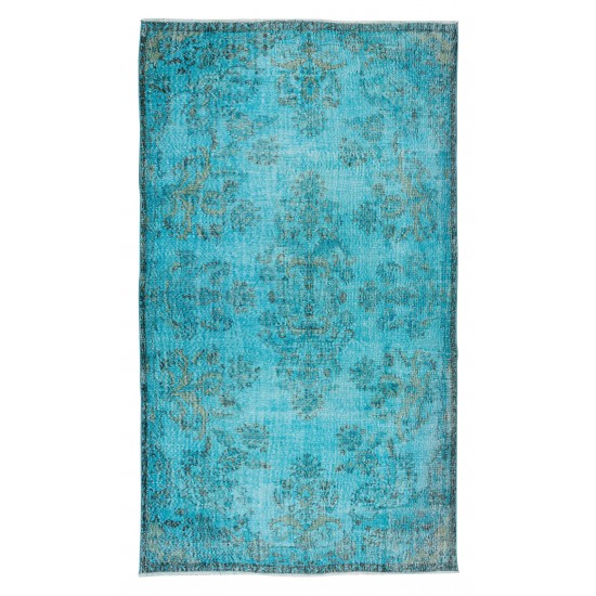 Hand-Knotted Vintage Turkish Area Rug Over-Dyed in Teal, Ideal for Modern Home & Office Decor