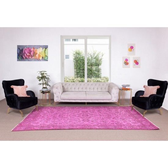 Handmade Turkish Vintage Rug Over-Dyed in Pink, Elegant Design Wool Carpet Handmade Turkish Vintage Rug Over-Dyed in Pink, Elegant Design Wool Carpet