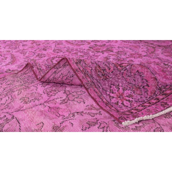 Handmade Turkish Vintage Rug Over-Dyed in Pink, Elegant Design Wool Carpet