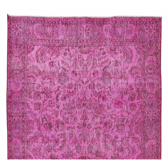 Handmade Turkish Vintage Rug Over-Dyed in Pink, Elegant Design Wool Carpet