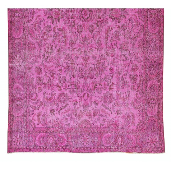 Handmade Turkish Vintage Rug Over-Dyed in Pink, Elegant Design Wool Carpet