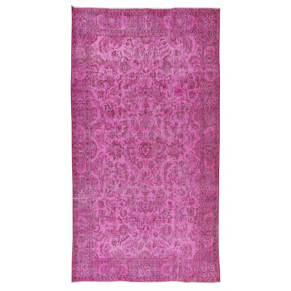 Handmade Turkish Vintage Rug Over-Dyed in Pink, Elegant Design Wool Carpet