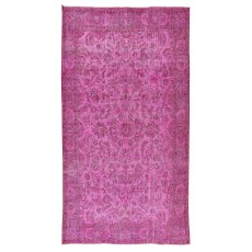 Handmade Turkish Vintage Rug Over-Dyed in Pink, Elegant Design Wool Carpet