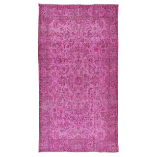 Handmade Turkish Vintage Rug Over-Dyed in Pink, Elegant Design Wool Carpet