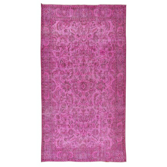 Handmade Turkish Vintage Rug Over-Dyed in Pink, Elegant Design Wool Carpet Handmade Turkish Vintage Rug Over-Dyed in Pink, Elegant Design Wool Carpet