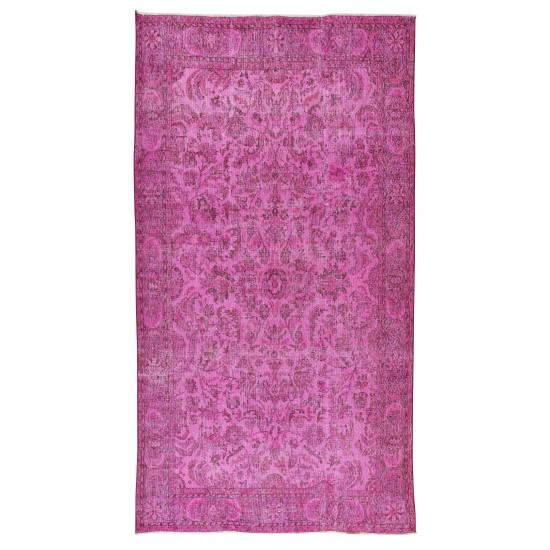 Handmade Turkish Vintage Rug Over-Dyed in Pink, Elegant Design Wool Carpet