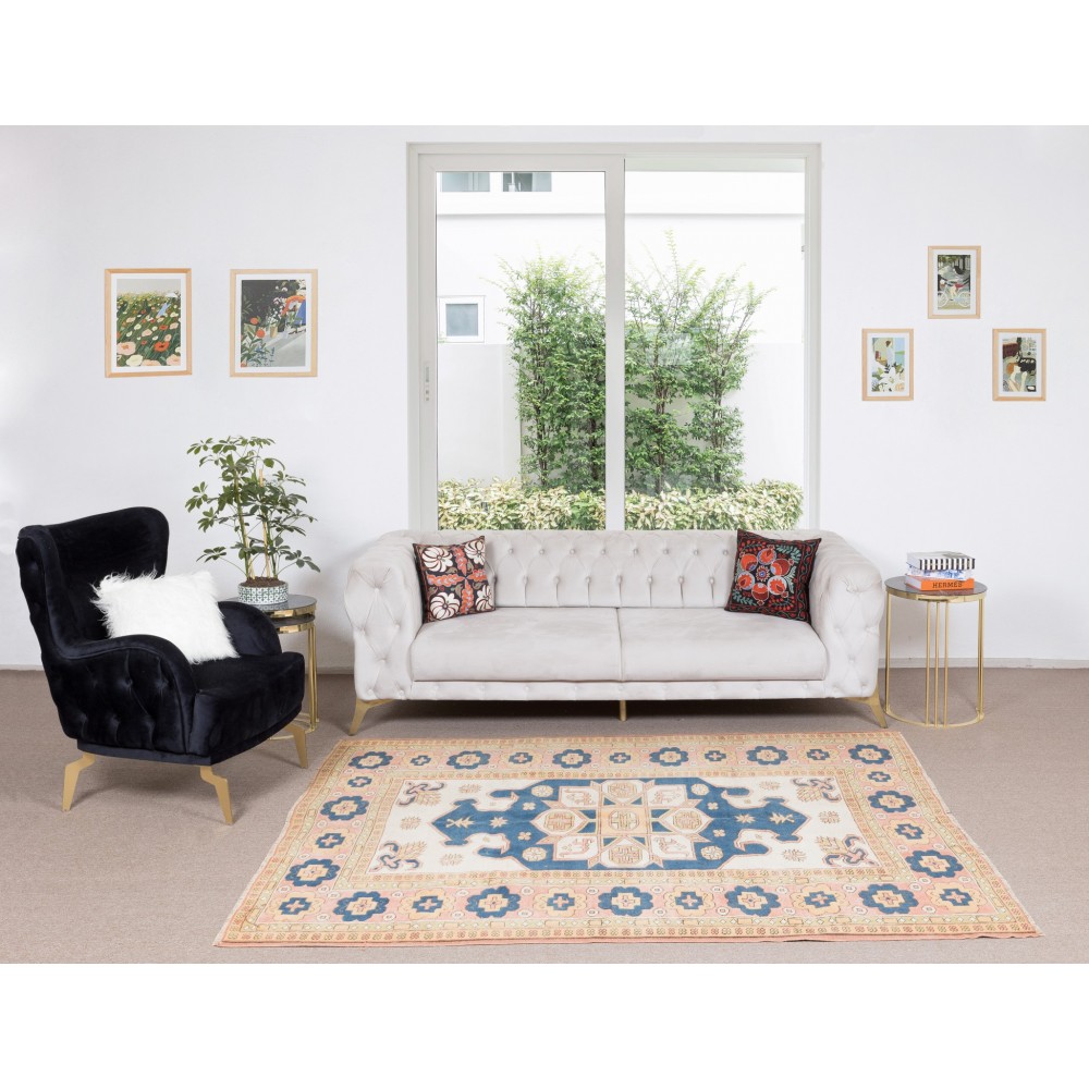 Handmade Turkish Area Rug for Living Room Decor, 100% Wool, Geometric Pattern Carpet