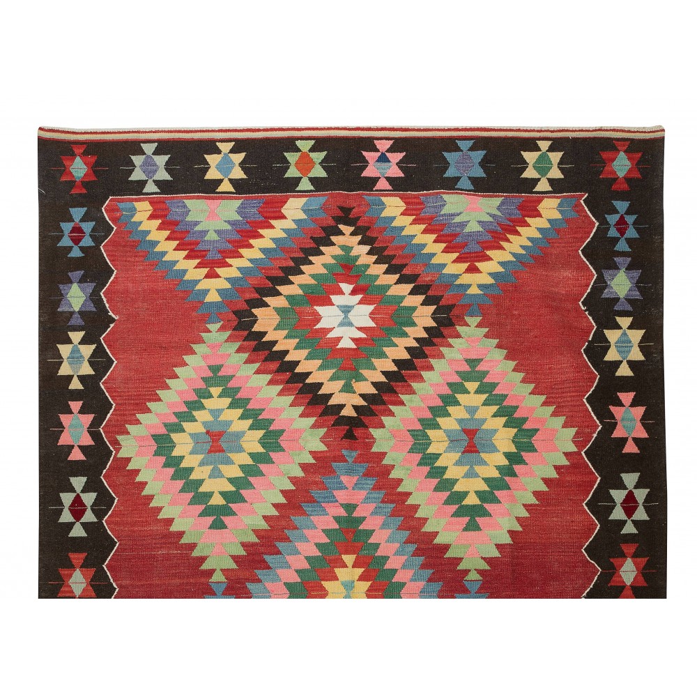 Hand-Woven Vintage Turkish Wool Kilim Rug with Geometric Design
