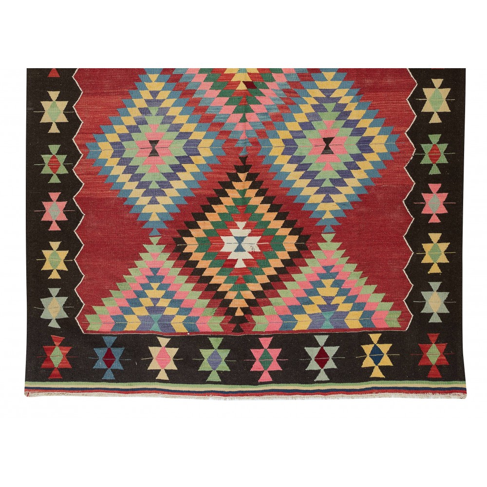 Hand-Woven Vintage Turkish Wool Kilim Rug with Geometric Design