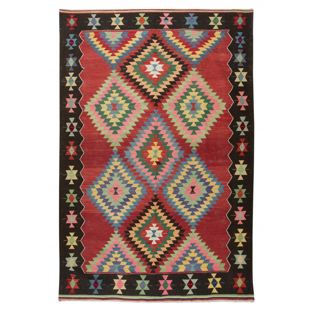 Hand-Woven Vintage Turkish Wool Kilim Rug with Geometric Design