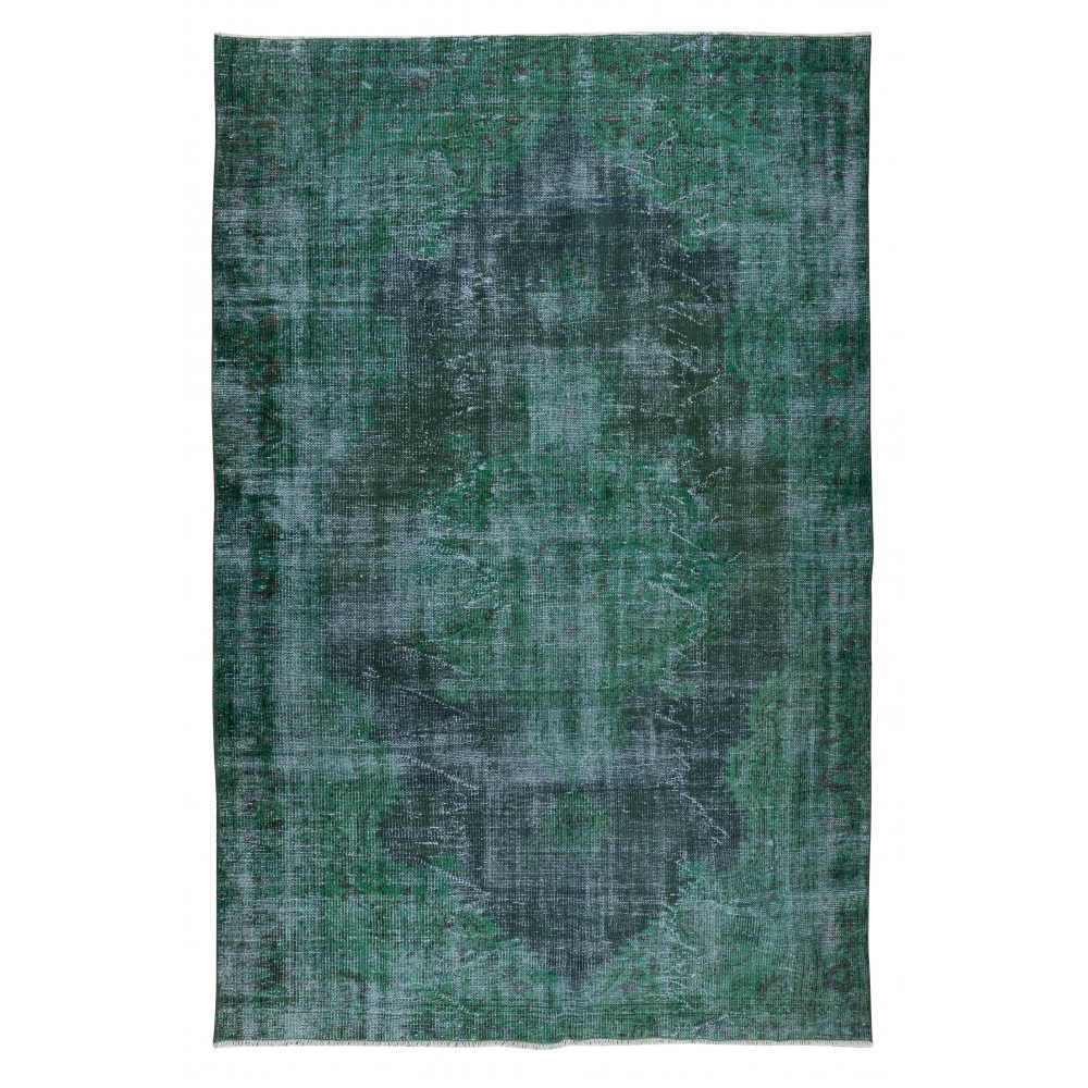 Turkish Green Rug for Modern Home & Office Decor, Handmade Vintage Wool Rug Re-Dyed in Green