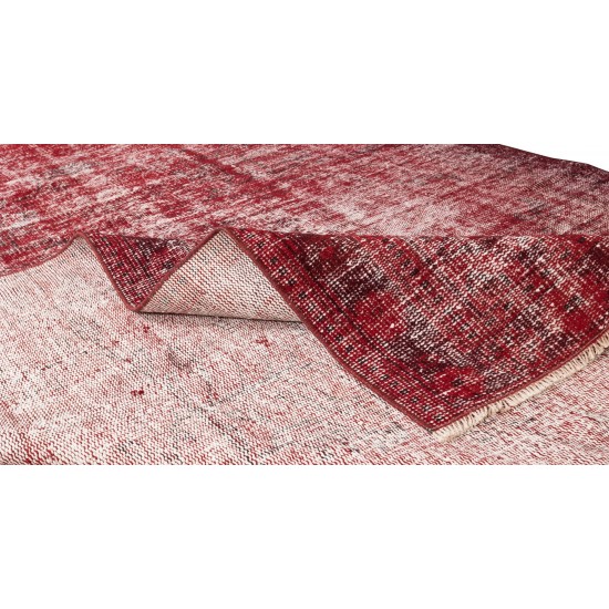 Handmade Turkish Vintage Distressed Rug Over-Dyed in Burgundy Red, Wool and Cotton Carpet