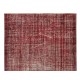 Handmade Turkish Vintage Distressed Rug Over-Dyed in Burgundy Red, Wool and Cotton Carpet