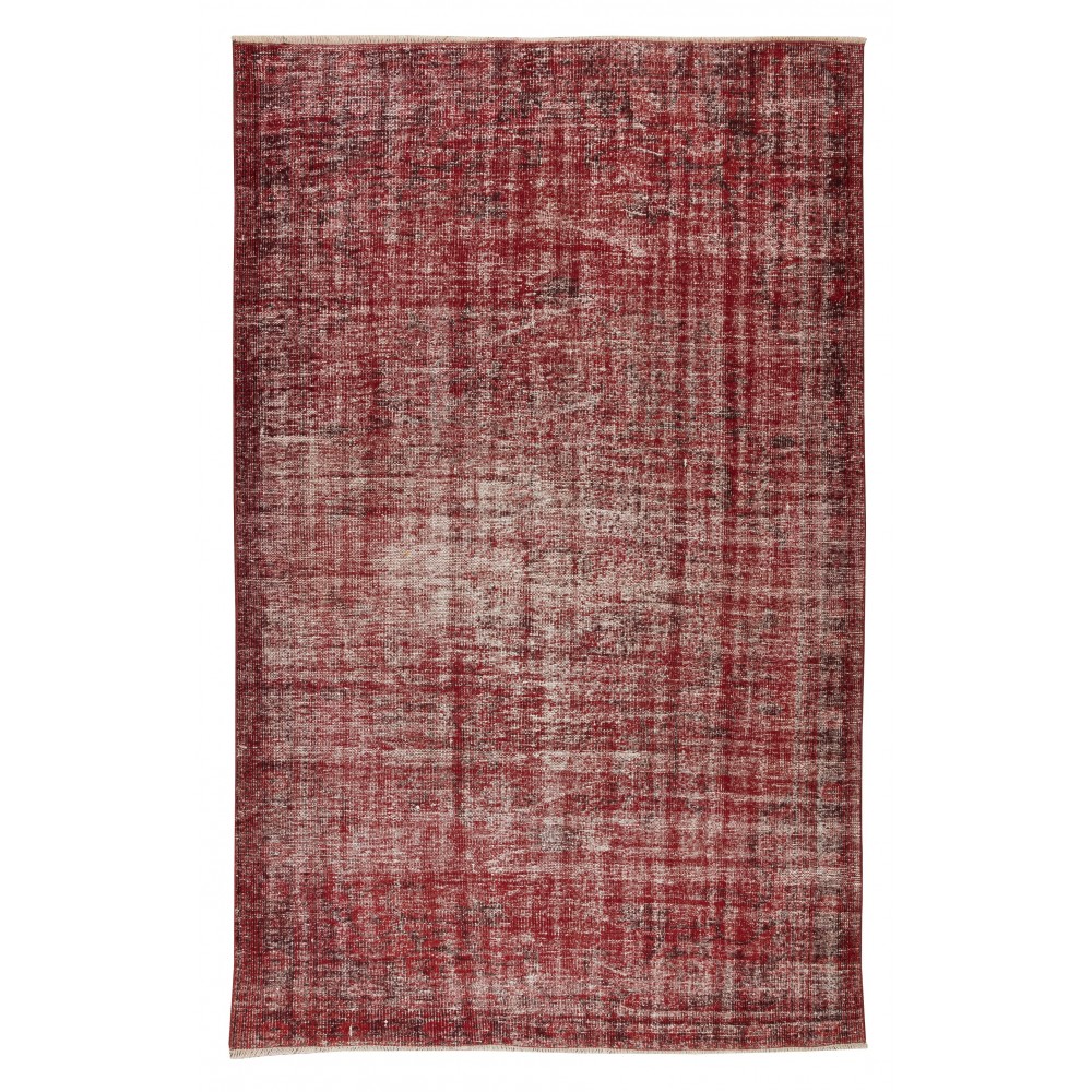 Handmade Turkish Vintage Distressed Rug Over-Dyed in Burgundy Red, Wool and Cotton Carpet