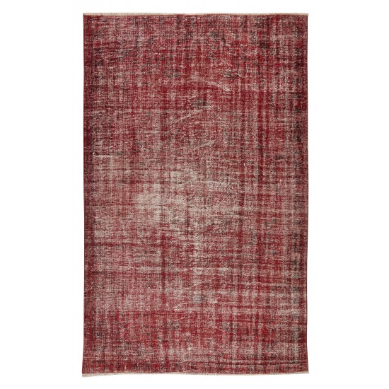 Handmade Turkish Vintage Distressed Rug Over-Dyed in Burgundy Red, Wool and Cotton Carpet