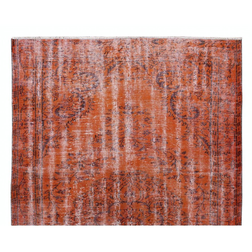Modern Handmade Turkish Vintage Wool Rug Over-Dyed in Orange Color