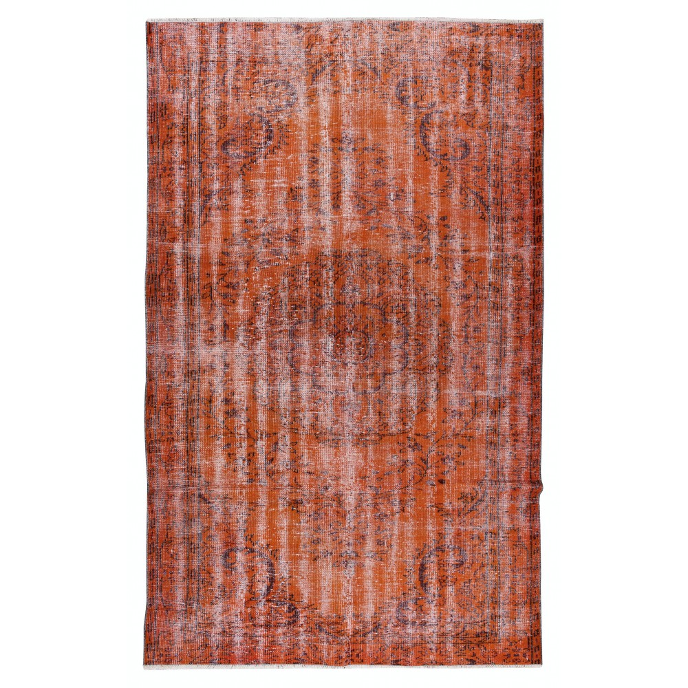 Modern Handmade Turkish Vintage Wool Rug Over-Dyed in Orange Color