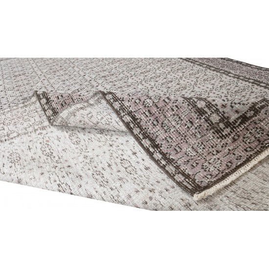 Gray Over-Dyed Rug with Floral Design, Vintage Hand-Knotted Turkish Floor Covering