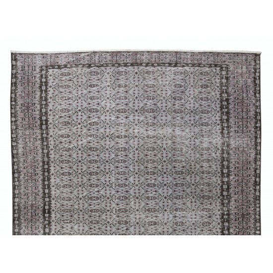 Gray Over-Dyed Rug with Floral Design, Vintage Hand-Knotted Turkish Floor Covering