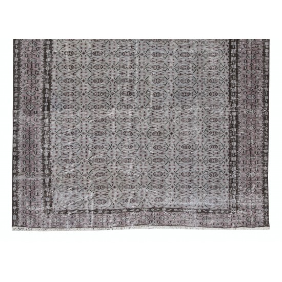 Gray Over-Dyed Rug with Floral Design, Vintage Hand-Knotted Turkish Floor Covering