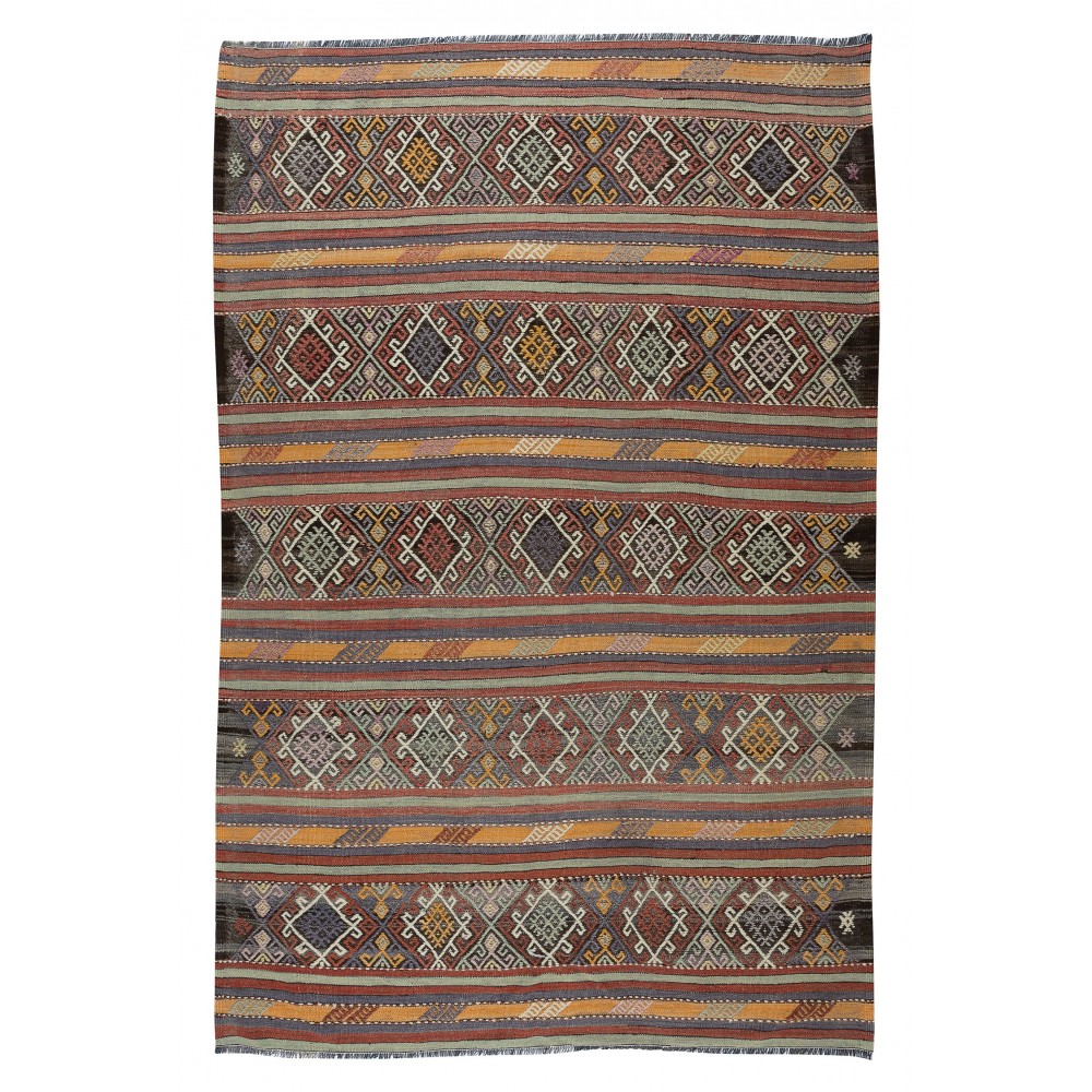 Flat-Weave Vintage Turkish Wool Kilim Rug, Hand-Woven Floor Covering