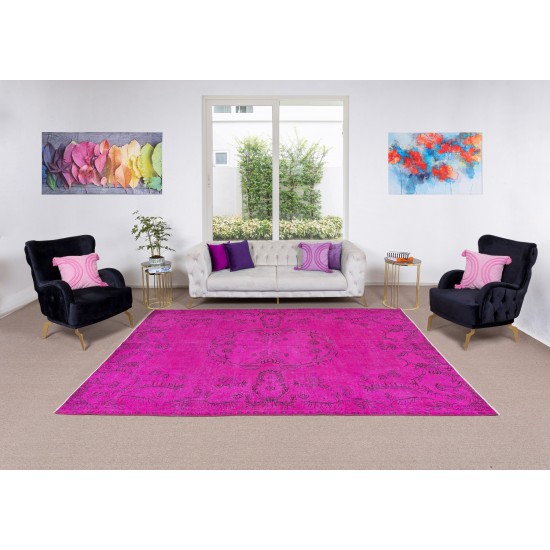 French Aubusson Inspired Vintage Handmade Turkish Wool Rug Over-Dyed in Hot Pink