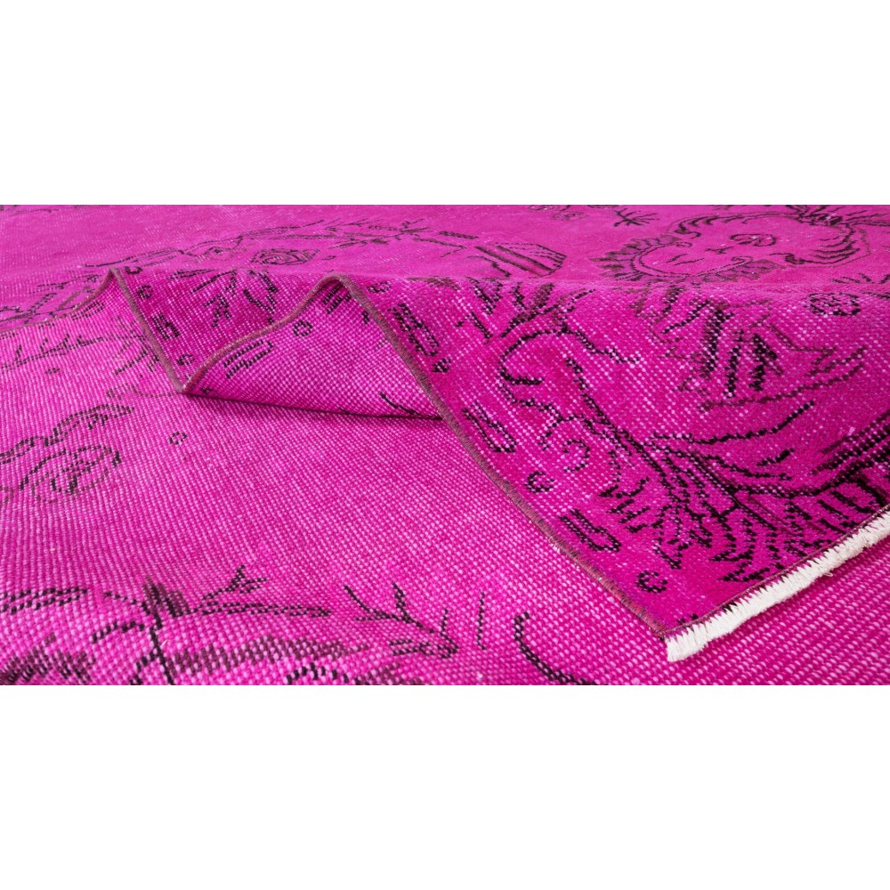 French Aubusson Inspired Vintage Handmade Turkish Wool Rug Over-Dyed in Hot Pink