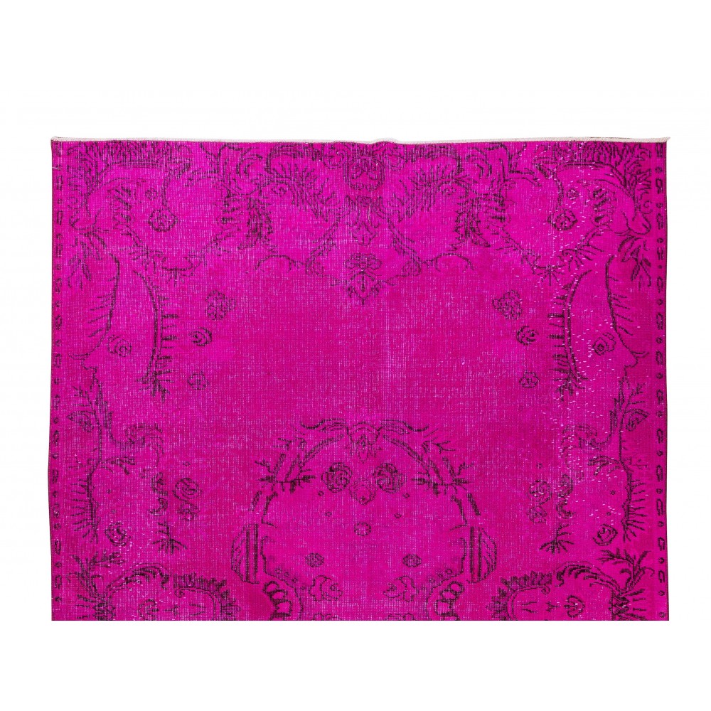 French Aubusson Inspired Vintage Handmade Turkish Wool Rug Over-Dyed in Hot Pink