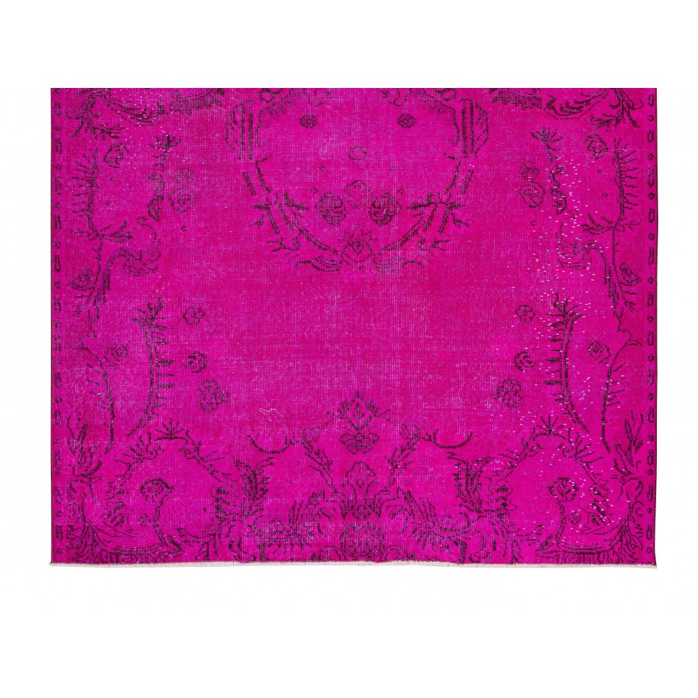 French Aubusson Inspired Vintage Handmade Turkish Wool Rug Over-Dyed in Hot Pink
