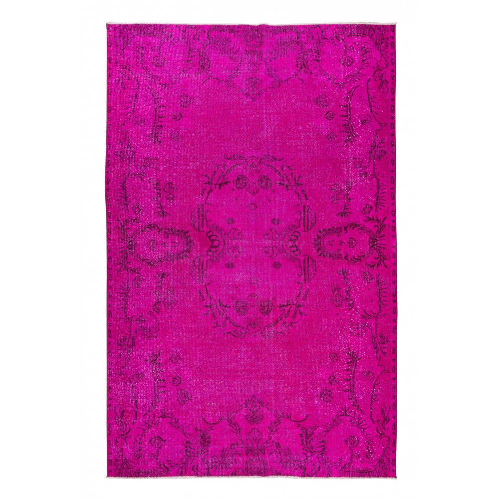 French Aubusson Inspired Vintage Handmade Turkish Wool Rug Over-Dyed in Hot Pink