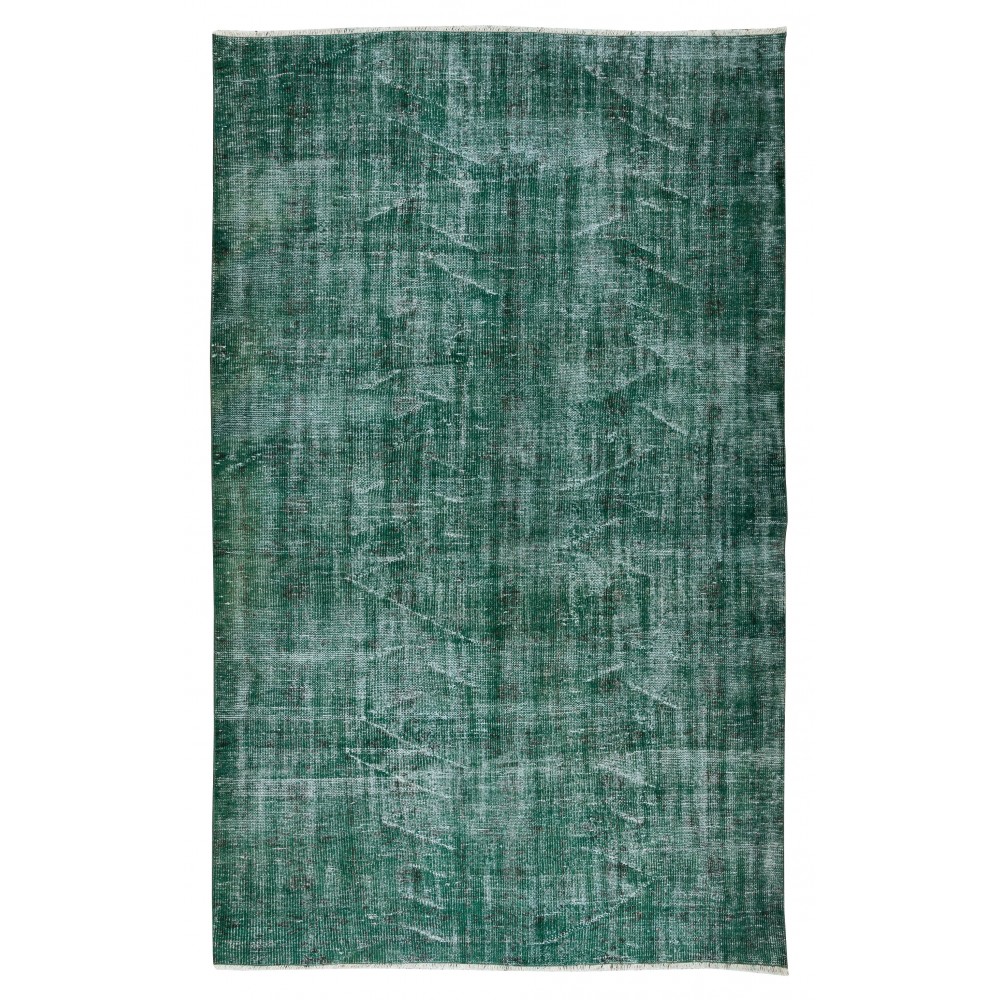 Turkish Green Rug for Modern Home & Office Decor, Handmade Vintage Wool Rug Re-Dyed in Green