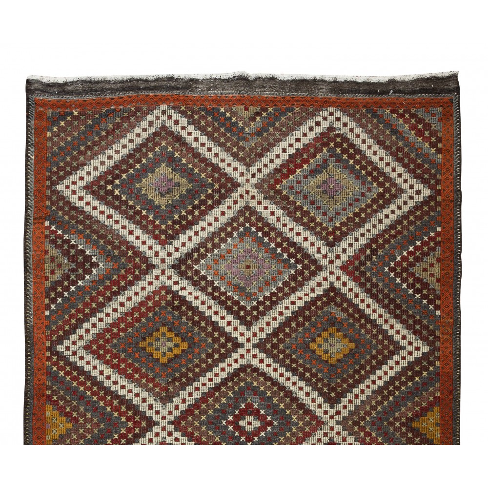 Vintage Turkish Jajim Kilim Rug, One of a Kind Hand-Woven Carpet Made of Wool