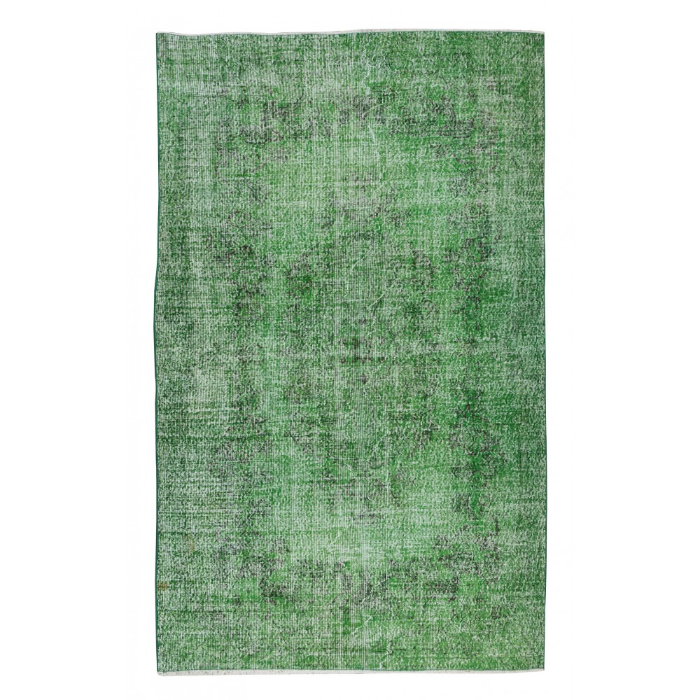 Turkish Green Rug for Modern Home & Office Decor, Handmade Vintage Wool Rug Re-Dyed in Green