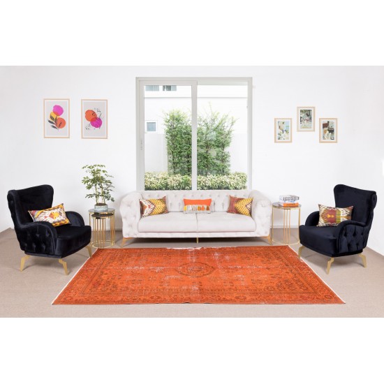 Distressed Vintage Handmade Turkish Wool Rug Over-Dyed in Orange, Modern Carpet Distressed Vintage Handmade Turkish Wool Rug Over-Dyed in Orange, Modern Carpet
