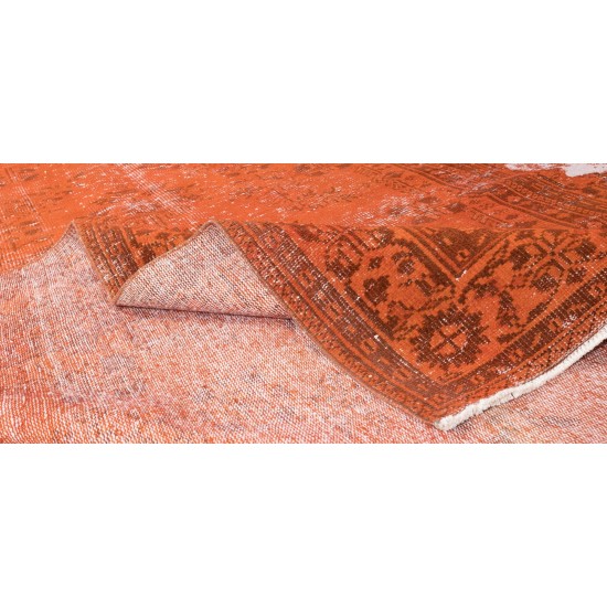 Distressed Vintage Handmade Turkish Wool Rug Over-Dyed in Orange, Modern Carpet