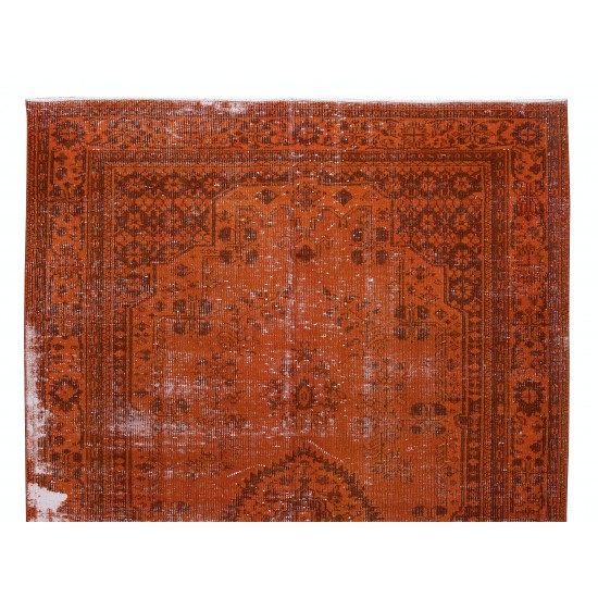 Distressed Vintage Handmade Turkish Wool Rug Over-Dyed in Orange, Modern Carpet